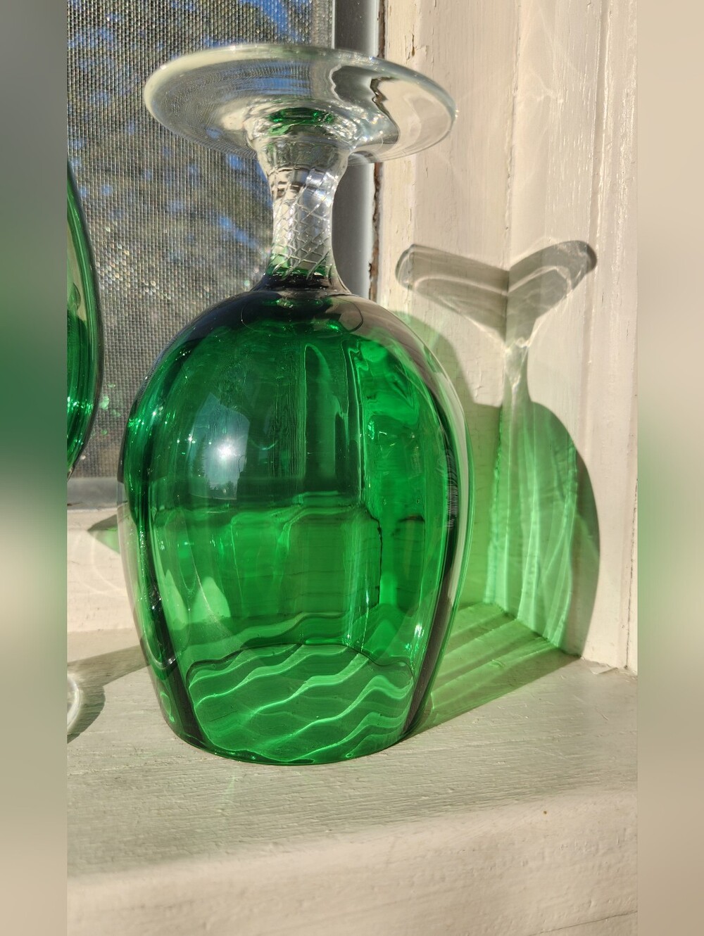 Set of 2 Vintage Empoli MCM Emerald Green Optic Glass Brandy Snifter Italy Pair - Picture 6 of 9
